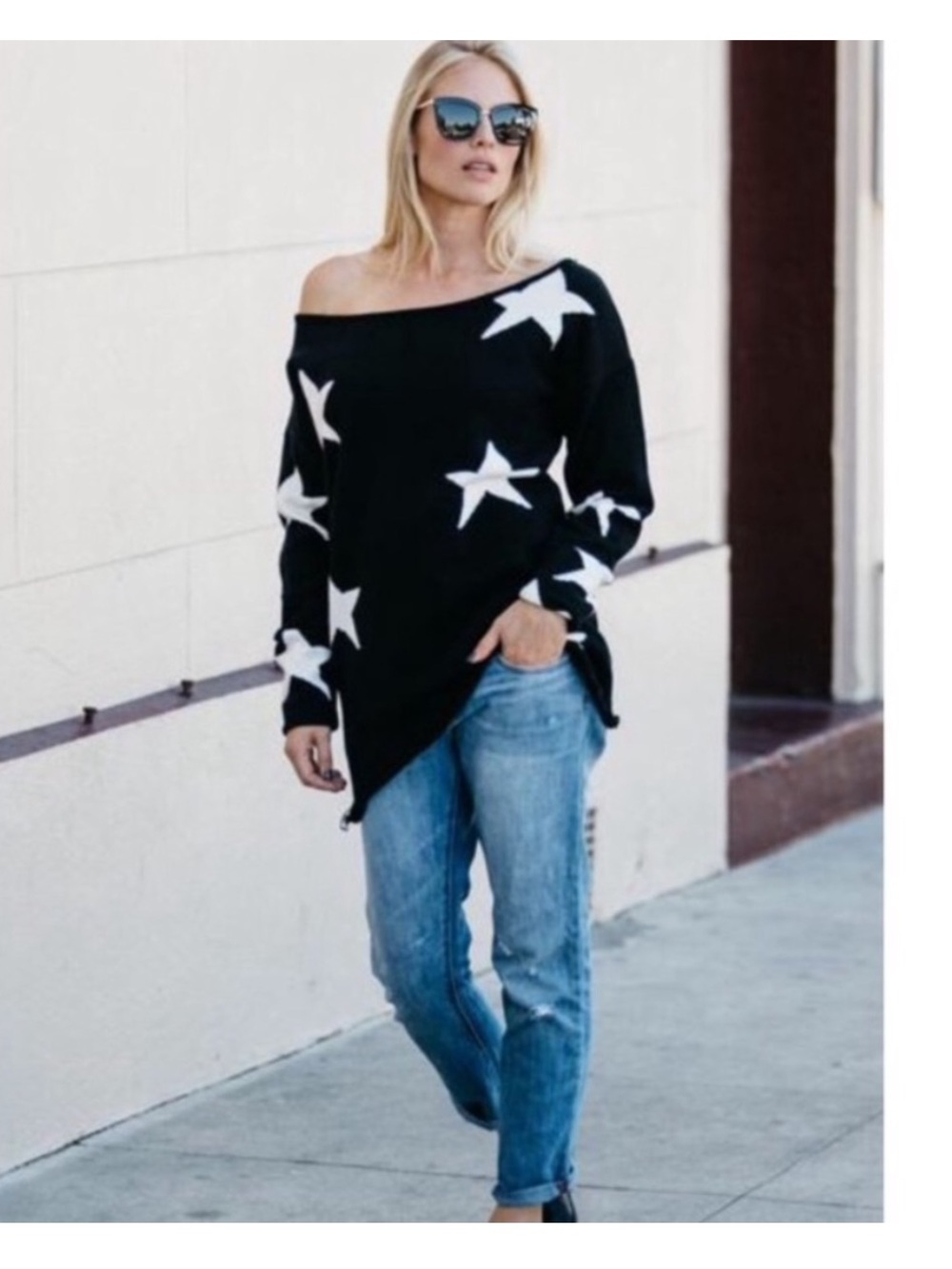 Amaryllis Black Off-Shoulder Star Sweater